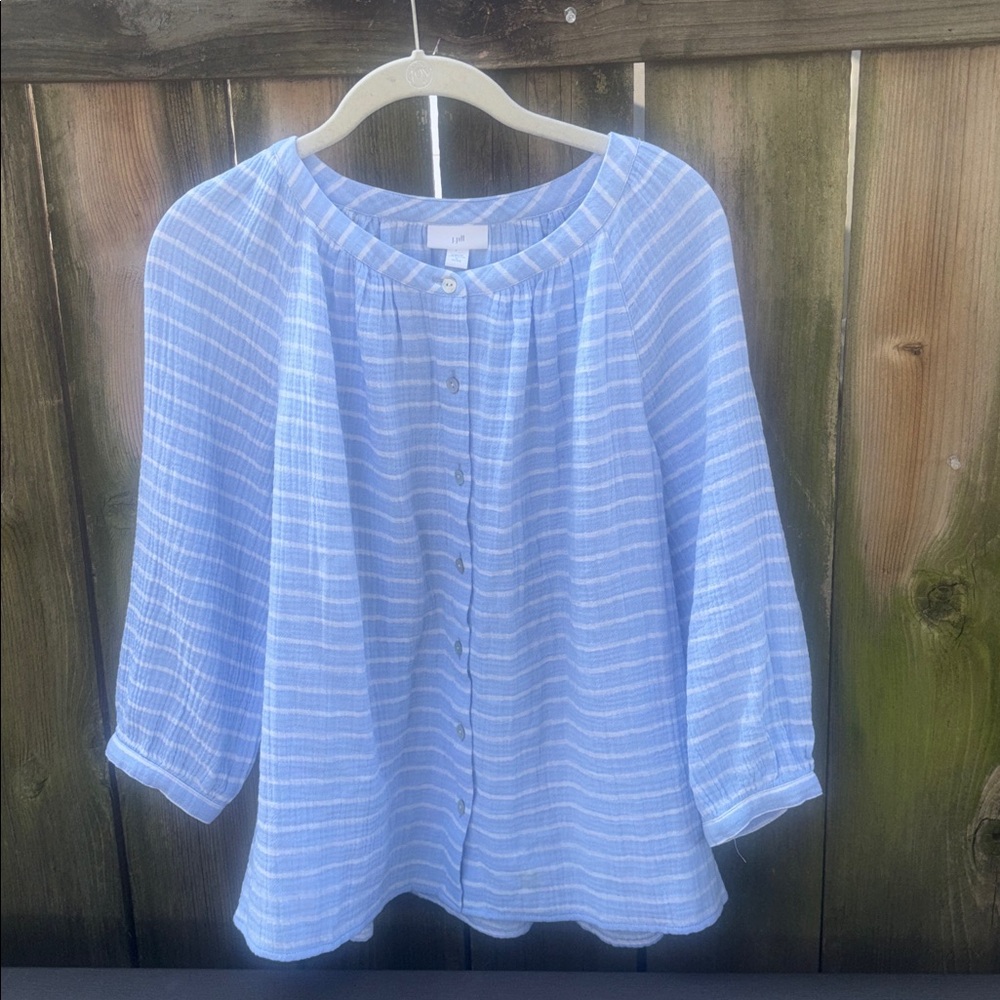 J. Jill Cottagecore Blue White Cotton Stripe Blouse Top Women’s Sz Medium Petite